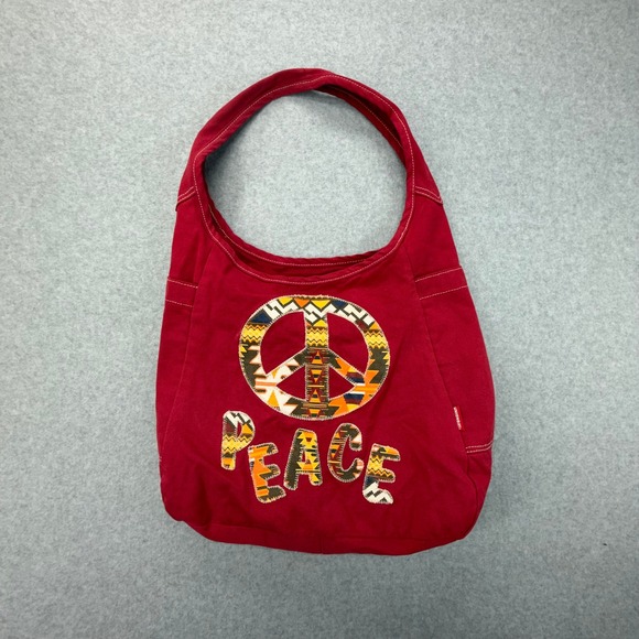 UNIONBAY Handbags - Unionbay Red Canvas Peace Sign Patch Boho Hobo Shoulder Bag